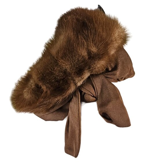 Vintage Mink Brown Pill box Fur Beret Hat with Bow O/S - Picture 1 of 10